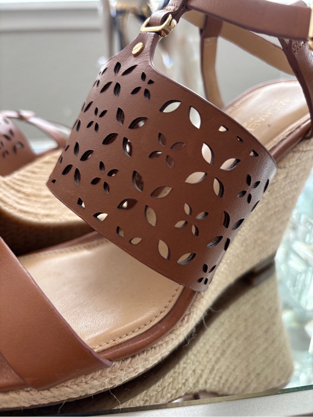 Michael Kors Tan Laser-Cut Leather Wedge Sandals - Picture 7 of 10